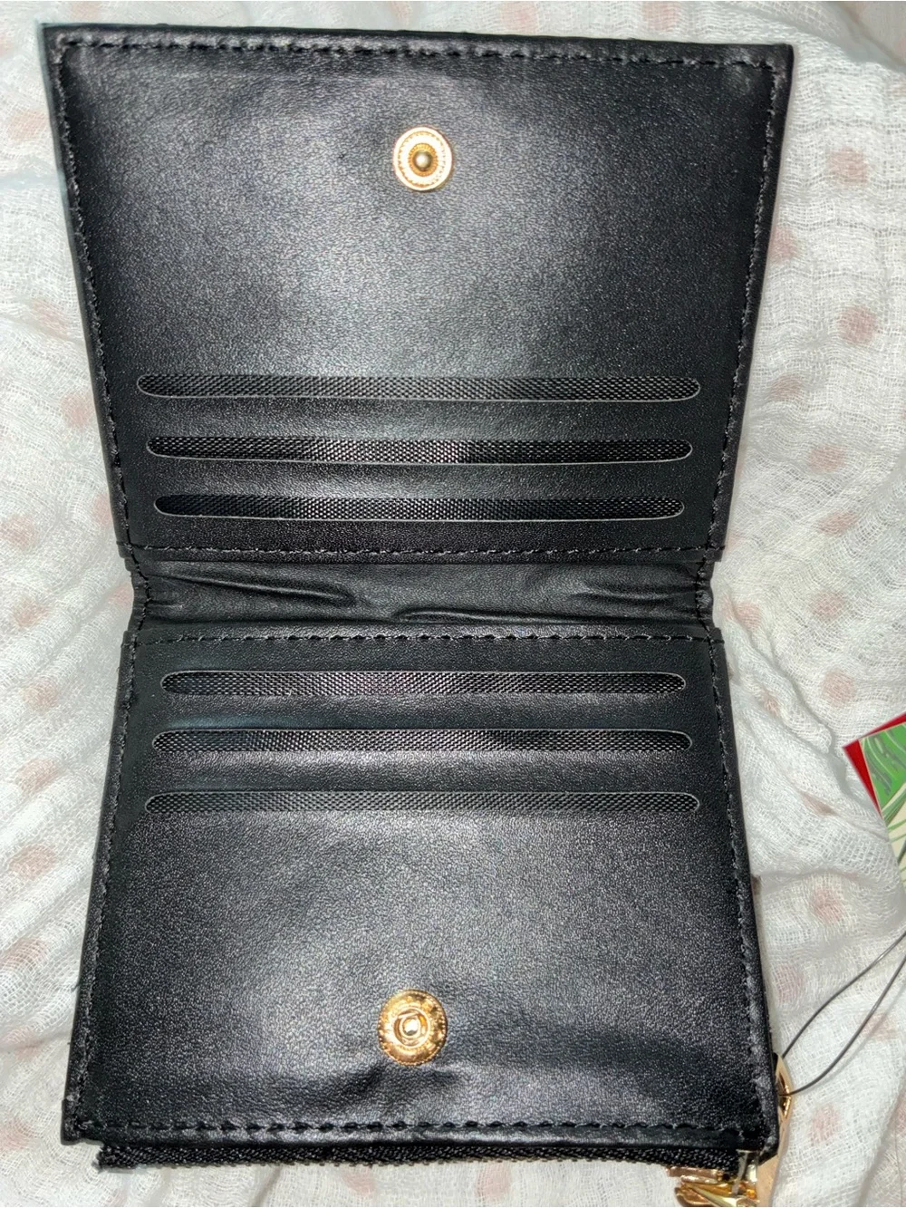 Badgley Mischka Black Quilted Logo Snap Card Wallet with Gold Hardware